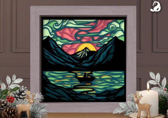 3D Mountain Lake Canoe Shadow Box SVG