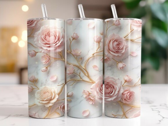 3D Pink Rose Marble 20oz Tumbler Wrap