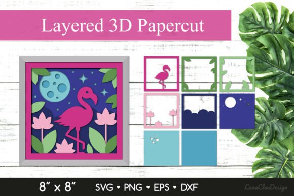 Flamingo at Night 3D Shadow Box SVG