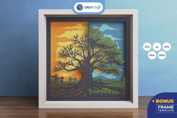 Half Green Half Bald Tree 3D Layered: A 3D SVG Review for Shadow Boxes