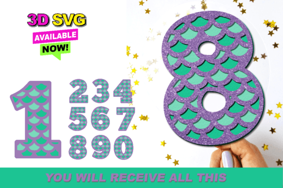 Mermaids Scales Numbers 3D SVG for Laser Cutting and Cake Toppers