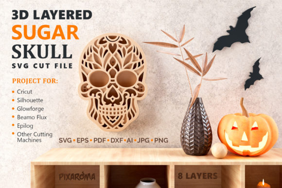 Sugar Skull 3D Layered SVG Cut File for Crafts and Graphics